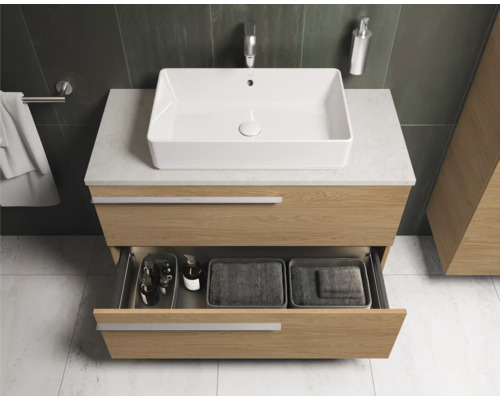 Modernes Badezimmer mit Waschtischunterschrank, Aufsatzwaschbecken und offenem Schubladeneinsatz.