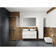 Badezimmer mit Dusche, Doppelwaschtisch, Spiegel, Hängeschrank und Wand-WC.