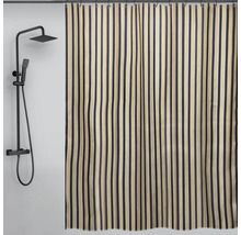 Duschvorhang mit vertikalem Streifenmuster neben einer Duschgarnitur