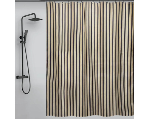 Duschvorhang spirella TESSA Anti-Schimmel Antibakteriell 180 x 200 cm holz hell 10.22781 Duschvorhang mit vertikalem Streifenmuster neben einer Duschgarnitur