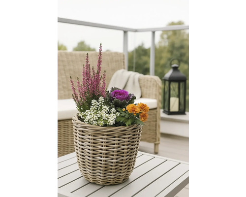 Dekorative Blumen und Pflanzen in einem geflochtenen Korb auf einem Tisch im Freien.