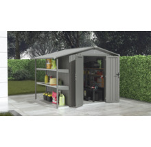 Metallgartenhaus mit offenem Anbau und Regalen zur Gartenaufbewahrung