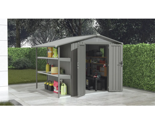 Metallgartenhaus mit offenem Anbau und Regalen zur Gartenaufbewahrung