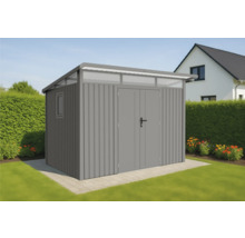 Grauer Geräteschuppen mit Fenster und Doppeltür im Garten