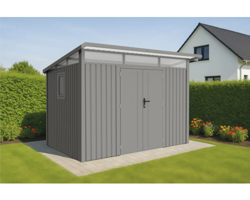 Grauer Geräteschuppen mit Fenster und Doppeltür im Garten