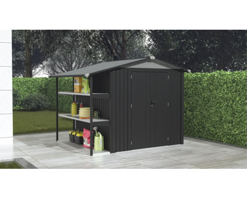 Gartenschrank mit Regalen zur Aufbewahrung von Gartengeräten und -zubehör.