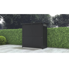 Geräteschrank im Garten mit blickdichter Hecke