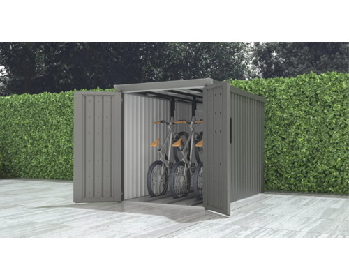 Fahrradgarage Konsta für 3 Fahrräder inkl. Einhängevorrichtung 130 x 211 x 151 cm grau-aluminium Fahrradgarage mit geöffneten Türen und Fahrrädern darin