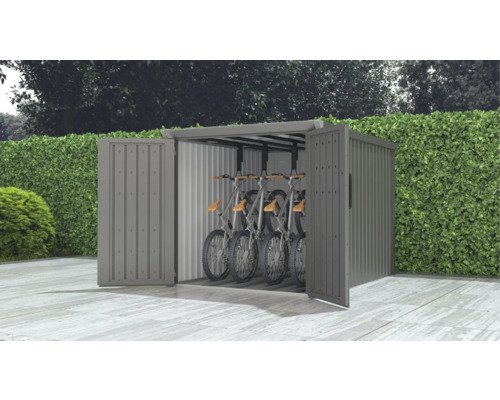 Fahrradbox mit geöffneten Türen und Fahrrädern im Inneren