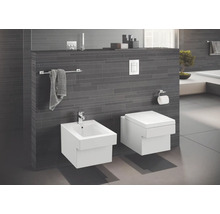 Modernes Badezimmer mit wandhängendem Bidet und WC vor dunkler Wand