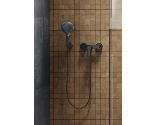 Duscharmatur mit Handbrause und Brauseschlauch vor einem braunen Hintergrund