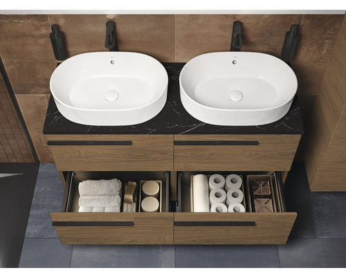 Doppelwaschtisch mit offenem Schubladensystem zur Badezimmeraufbewahrung