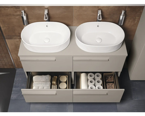 Waschtischunterschrank mit zwei Waschbecken, Armaturen, Seifenspender, Handtüchern und Toilettenpapier