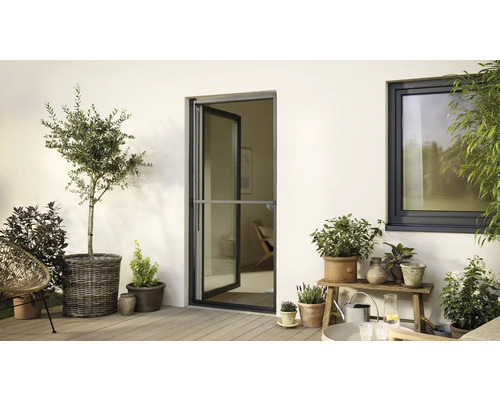 Außenbereich mit Insektenschutztür, Fenster und Pflanzen