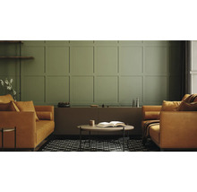 Wohnzimmer mit zwei Sofas, Couchtisch und dekorativer Wandverkleidung.