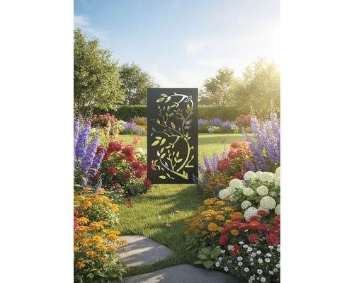 Dekorative Gartenwand mit Baumdesign in einer blühenden Gartenlandschaft.