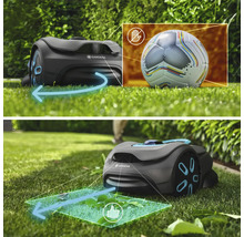 Gardena Mähroboter auf Rasen mit Hinweisen zur Hinderniserkennung