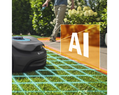 Gardena Mähroboter im Einsatz mit künstlicher Intelligenz auf einer Rasenfläche