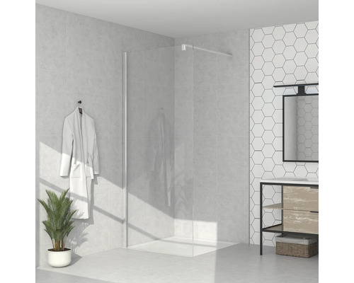 Modernes Badezimmer mit Duschkabine aus Glas, Waschbeckenunterschrank und Handtuch