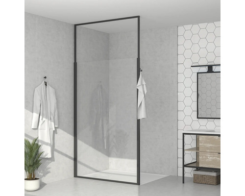 form&style Walk In EXPANDABLE 120 x 195 cm bis 2700 mm höhenverstellbar Profil schwarz Klarglas schmutzabweisende Glasbeschichtung mit Haken Modernes Badezimmer mit ebenerdiger Dusche, Waschtisch und Handtuch