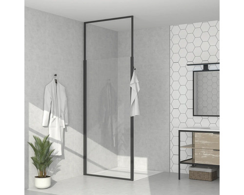 form&style Walk In EXPANDABLE 90 x 195 cm bis 2700 mm höhenverstellbar Profil schwarz Klarglas schmutzabweisende Glasbeschichtung mit Haken Modernes Badezimmer mit ebenerdiger Dusche, Waschtisch und dekorativen Elementen für ein stilvolles Ambiente.