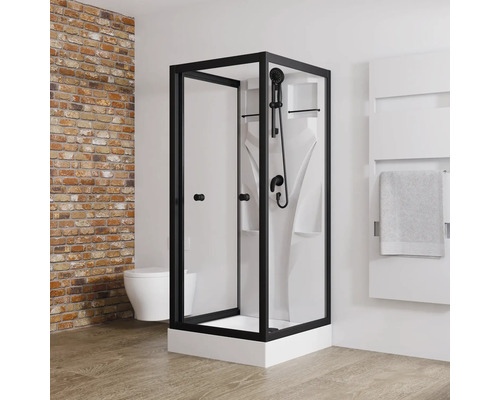 Komplettdusche SCHULTE Juist ExpressPlus 80 x 80 x 190 cm schwarz/weiß Duschkabine mit schwarzem Rahmen in einem Badezimmer