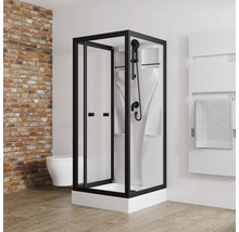 Duschkabine mit schwarzem Rahmen in Badezimmerumgebung