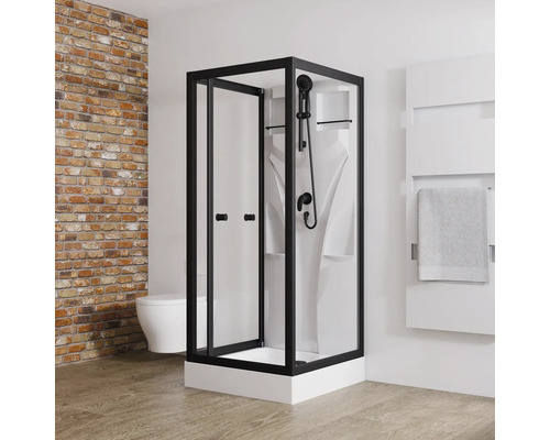 Duschkabine mit schwarzem Rahmen in Badezimmerumgebung