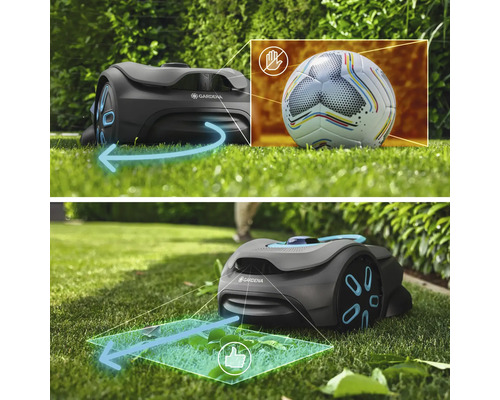 Gardena Mähroboter im Einsatz auf Rasen mit Symbolen für Hinderniserkennung und empfohlene Nutzung