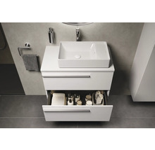 Modernes Badezimmer mit Waschtischunterschrank, Aufsatzwaschbecken und offenem Schubfach zur Aufbewahrung von Badartikeln.