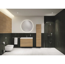 Badezimmer mit Waschtisch, Spiegel, Toilette und Dusche