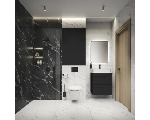 Helles Badezimmer mit Dusche, Waschtisch, Spiegelschrank und Toilette.