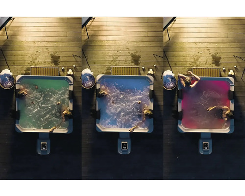 Drei Whirlpools auf einer Holzterrasse mit Badegästen und farbiger Beleuchtung.