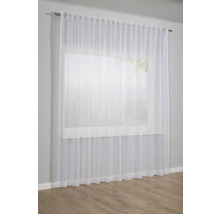 Transparenter, weisser Gardinenschal vor einem Fenster.