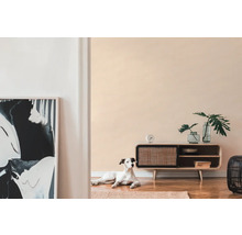 Wohnzimmer mit Holzschrank, Dekoration, Kunstwerk und einem Hund auf einem Teppich.