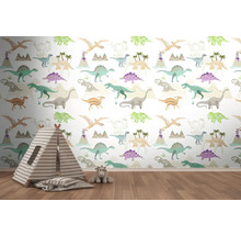 Kinderzimmer mit Dinosaurier-Tapete, Spielzelt und Kuscheltier