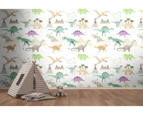 Kinderzimmer mit Dinosaurier-Tapete, Spielzelt und Kuscheltier