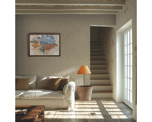 Wohnzimmer mit Couch, Gemälde und Treppe