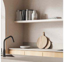 Küchenszene mit Spüle, Armatur, Regalen und Küchenutensilien