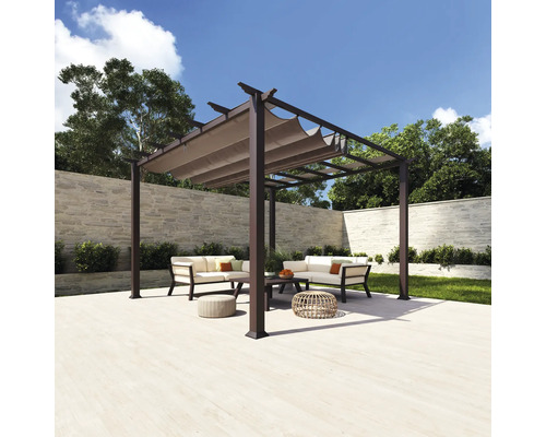 Aluminium Pergola, Pavillon Paragon Outdoor Florida 11x11 mit verstellbarem Sonnensegel 320 x 320 cm Cocoa holzoptik Terrasse mit Pergola, Sofas, Tisch und Hockern für den Außenbereich