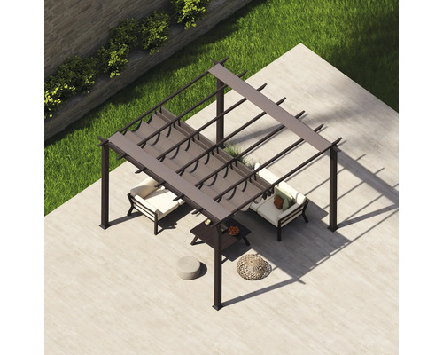 Draufsicht auf eine Terrassenszene mit einer Pergola, Sitzmöbeln und einem Tisch.