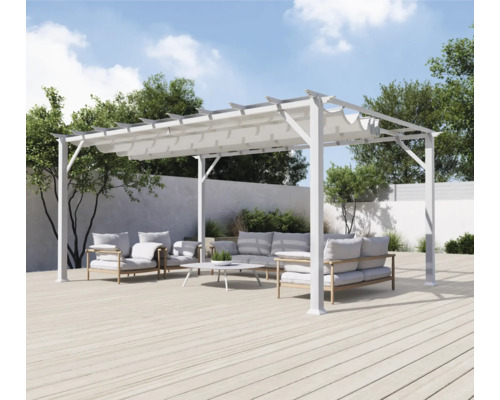 Pergola mit verschiebbarem Sonnenschutz und Gartenmöbeln auf einer Terrasse.