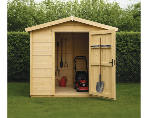 Gartenhaus mit geöffneter Tür, Rasenmäher, Gießkanne und Gartengeräte