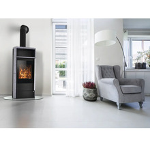 Wohnraum mit Kaminofen, Sessel und Zimmerpflanze