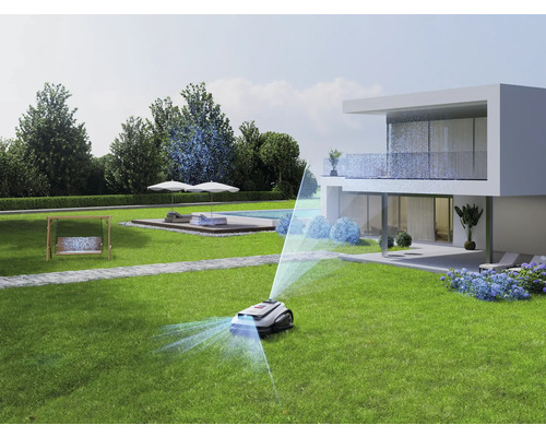 Rasenmähroboter bei der Arbeit in einem modernen Garten mit Haus, Pool und Schaukel