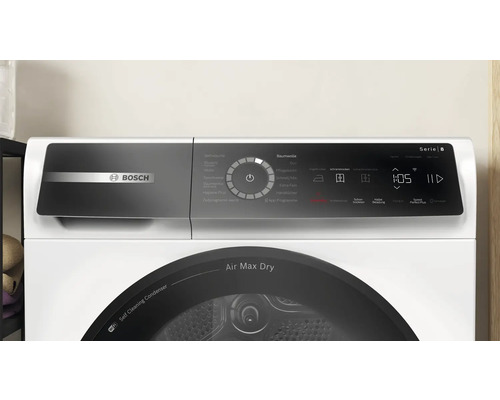Bosch Serie 8 Wäschetrockner mit Display und verschiedenen Programmen.