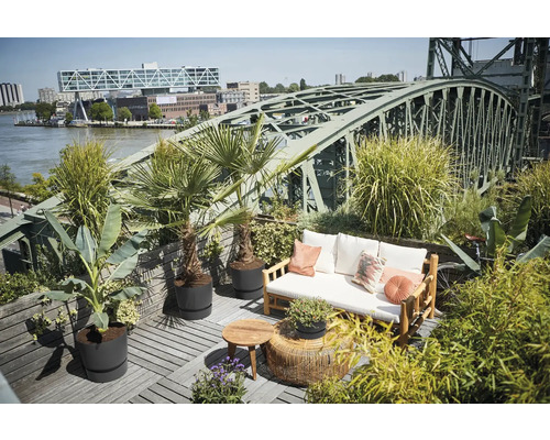 Dachterrasse mit Holzboden, Bank mit Kissen, Tischen und Pflanzen vor einer Stahlbrücke.
