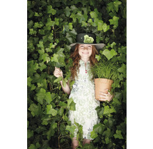 Mädchen mit Hut und Pflanze im Topf, umgeben von Efeu