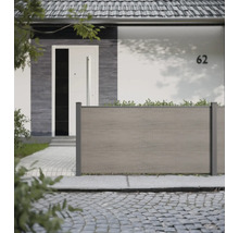 Ein Haus mit einer modernen Zaunanlage, die aus mehreren horizontalen Elementen besteht.