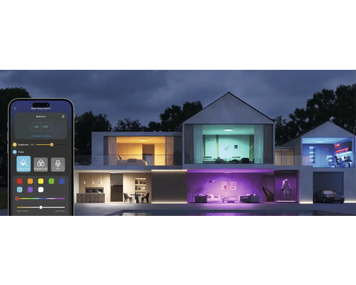 Smartphone-App zur Steuerung der Beleuchtung in einem modernen Haus mit verschiedenen Räumen und farbiger Beleuchtung.